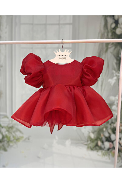 Bertuğ Bebek Bordo Fiyonklu Kız Çocuk Bebek Abiye Organze Elbise