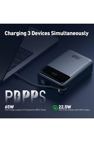 Joda 20,000mAh 65W battery with Type-C port and USB port with built-in Type-C cable