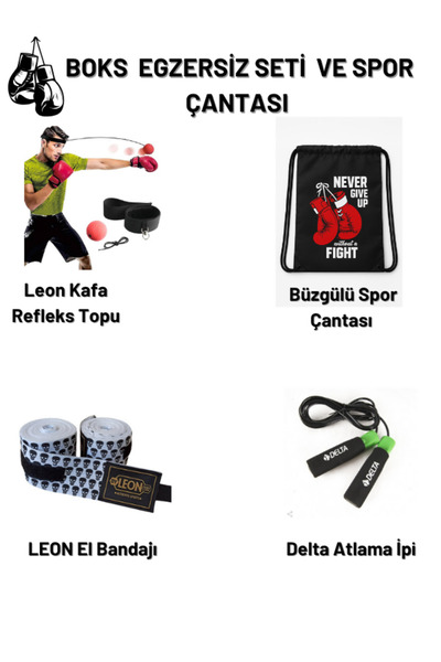 By Leon 1982 BOKS ÇALIMA SETİ-Delta ATLAMA İPİ- 5M Beyaz LEON BANDAJ - REFLEKS TOPU - BÜZGÜLÜ ÇANTA