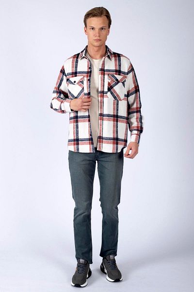 Lee Cooper Ανδρικό πουκάμισο Moses με υφαντό μανίκι καρό καρύδας-μπλε ναυτικό