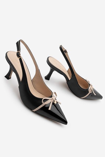 Marjin Women's Stiletto Pointed Toe Bow Detailed Slingback Heeled Shoes Norvez Black