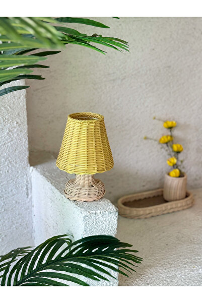Maison Avf Sarı Rattan & Bambu Masa Üstü Kablosuz Pilli Abajur Alt Rattan Mas...