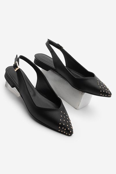 Marjin Damen-Ballerinas mit spitzer Zehenpartie, goldfarbenen Nieten und offenem Rücken, schwarz, für den Alltag