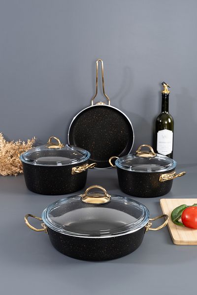 Skygo 7 Piece Ewx Black Granite Cookware Set – Metal Handle, Non-Stick Surface, Stylish and Durable Design
