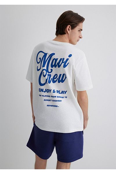Mavi Crew Printed Ecru T-Shirt Loose Fit / Loose Relaxed Cut 0612667-70057