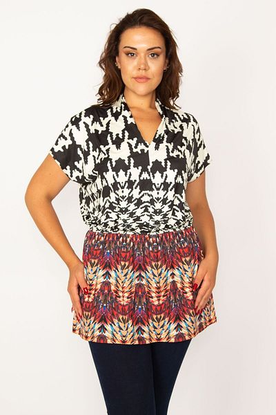 Şans Women's Large Size Colorful Elastic Waist Patterned Blouse 65n34089