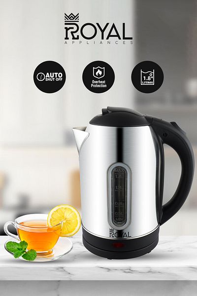 Royal Electric Kettle With Water Level Stainless Steel, 1.8 L 1500 W Ra-ek1845