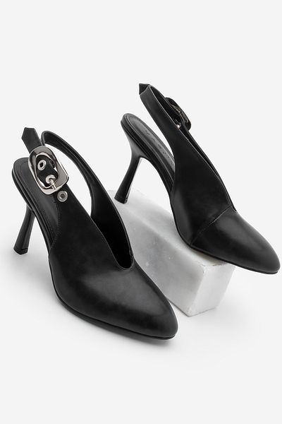 Marjin Women's Stiletto Pointed Toe Belt Detailed Slingback Heeled Shoes Rinpo Black