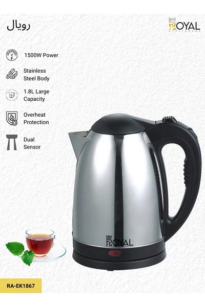 Royal Electric Kettle Stainless Steel, Dual Sensor & Over Heat Protection, 1.8 L 1500 W Ra-ek1867 Silver