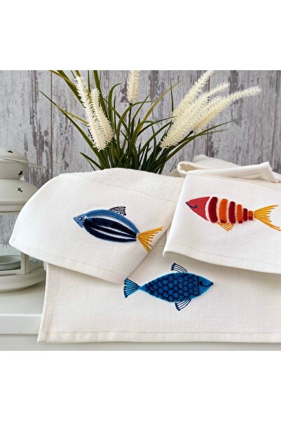 MARİBOR ACVARIU - 70% bambus / 30% bumbac prosop de bucătărie brodat - cremă set de 3 30x50