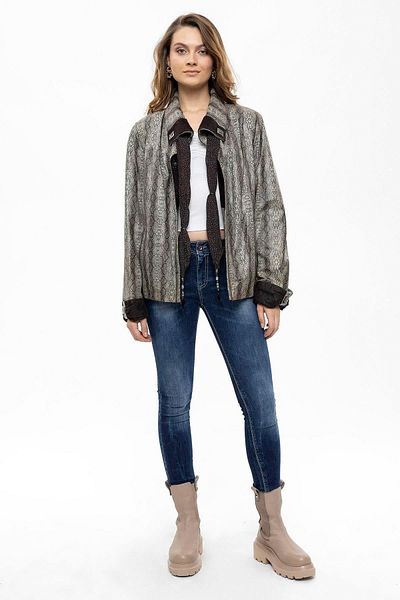 Deriderim Brown Python Printed Silvia Scarf Snap Closure Women's Genuine Leather Jacket
