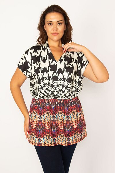 Şans Women's Large Size Colorful Elastic Waist Patterned Blouse 65n34089