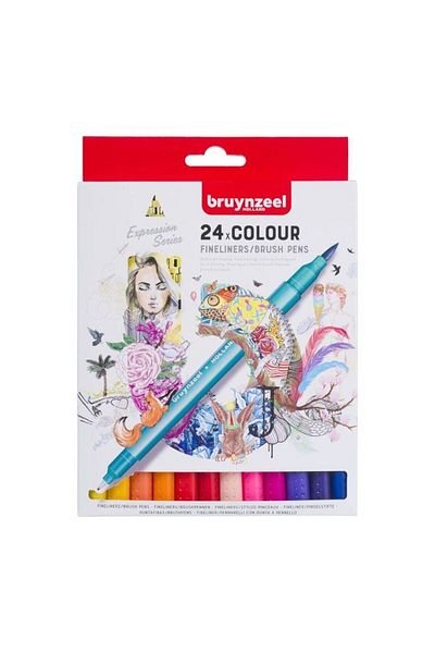 Bruynzeel - Sakura Fineliner Double Sided Pen Set - 24 Colors (Brush and 0.4 mm Tip)
