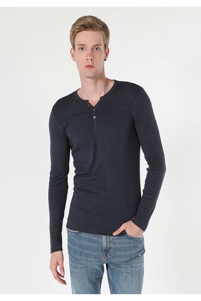 Colin's Slim Fit Placket Neck Plain Men's Navy Blue Long Sleeve T-Shirt