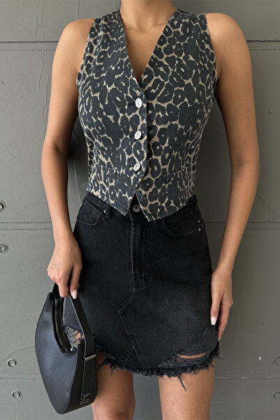 Maule Γυναικείο γιλέκο με κουμπιά 100% βαμβακερό Gabardine Leopard @sassari