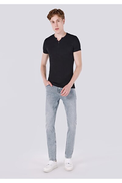 Colin's Slim Fit Placket Neck Düz Erkek Siyah Kısa Kol Tişört