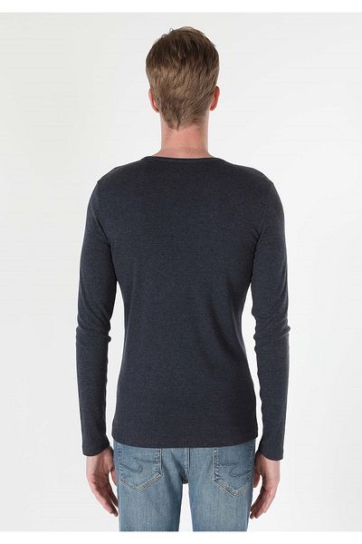 Colin's Slim Fit Placket Neck Plain Men's Navy Blue Long Sleeve T-Shirt