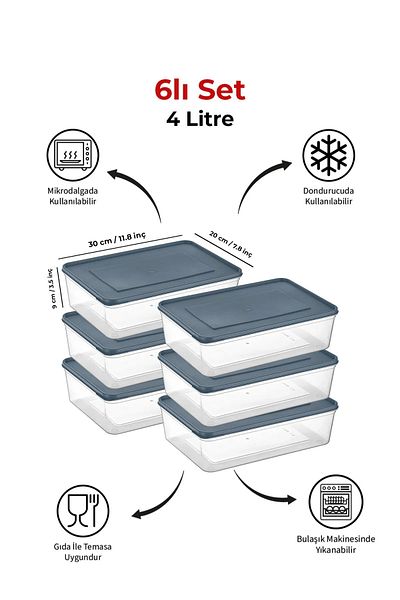 Espas Home Freshkeep Storage Container Set of 6 Suitable for Microwave and Deep Freezer - Gray / 6*4000 ml