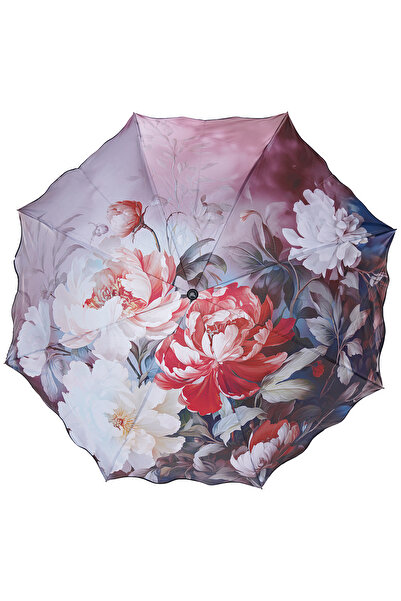 Wexta Uv 50 Dışı Ve Içi Büyük Çiçek Desenli 8 Telli Şemsiye Bordo