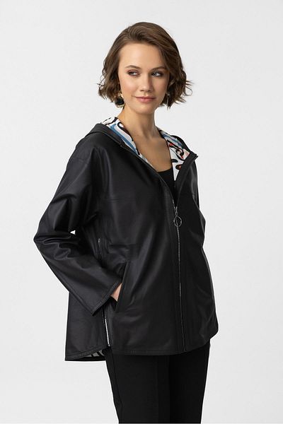 Deriderim Black Tatum Inner Fabric Relaxed Lightweight Fixed Hood Women's Double-Sided Genuine Leather Coat
