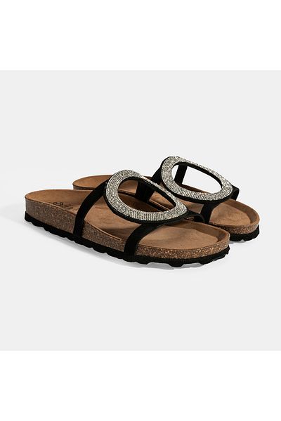 Desa Women's Black Stone Detailed Suede Slippers