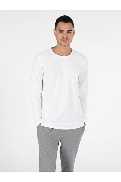 Colin's Regular Fit Round Neck Plain Men's White Long Sleeve T-Shirt