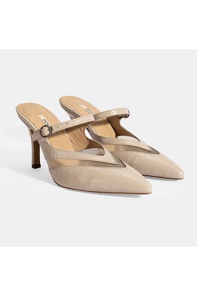 Desa Women's Cream Adjustable Buckle Leather Evening Dress Heeled Slippers