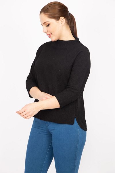 Şans Women's Black Plus Size Capri Sleeve Self Patterned Side Slit Blouse 65n35854