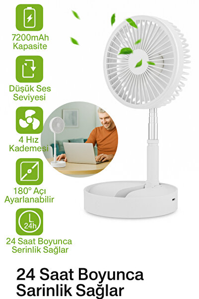 SMAYLİNG Katlanabilir Teleskopik Fan 7200mAh – 4 Kademe Hız, 180° Ayar, Sessi...