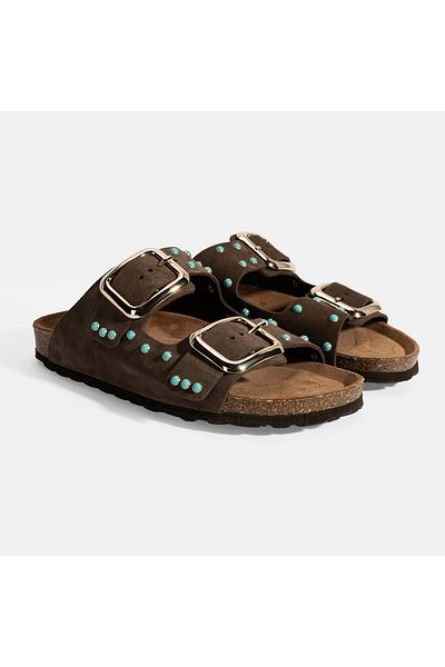 Desa Women's Brown Adjustable Buckle Suede Slippers