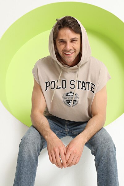 Polo State Erkek Sıfır Kol Kapüşonlu T-Shirt Bej