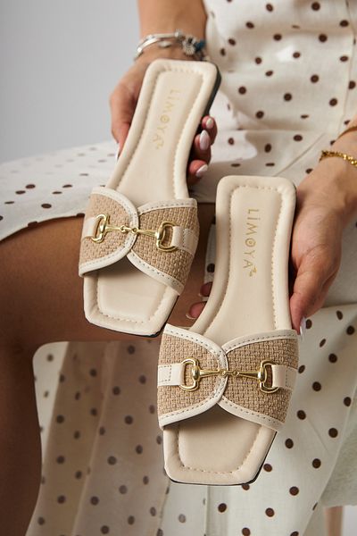 Limoya Elanor Beige Buckle Flat Sole Women's Slippers