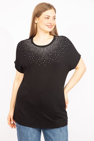 Şans Women's Black Large Size Stone Detailed Low Sleeve Blouse 65n35636