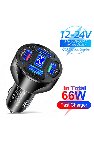 Choice شاحن سيارة QC3.0 66-250 واط بأربعة منافذ شحن سريع ومحول ولاعة سجائر بم...
