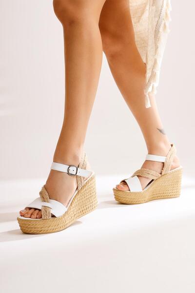 Limoya Women's White Straw Strap Wedge Heeled Women's Shoes Opportunity Product