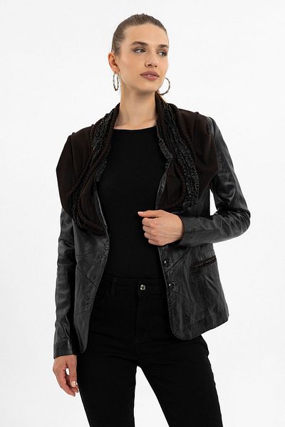 Deriderim Camela Brown Lined Drawstring Collar Women's Genuine Leather Jacket
