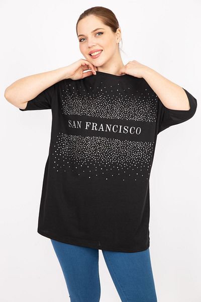 Şans Women's Anthracite Plus Size Stone and Glitter Printed Blouse 65n35949