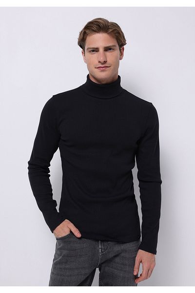 Colin's Slim Fit Half Turtleneck Plain Men's Navy Blue Long Sleeve T-Shirt