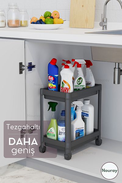 nouray Organizator pe roți cu 2 niveluri Suport pentru detergent Bucătărie, Raft pentru baie, Dulap, Blat, Sub Chiuvetă Negru
