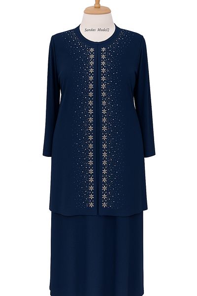HESNA Navy Blue Large Size Stylish Stone Embroidered Mother Dress Jacket Set
