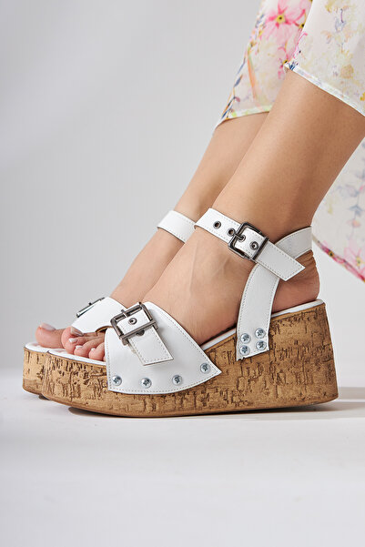 Limoya Jenni White Screw Detailed Platform Heeled Women's Sandals Opportunity Product