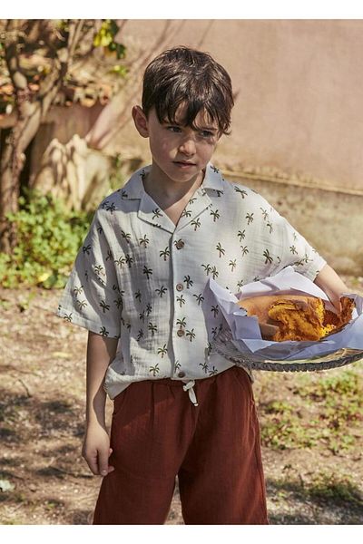 Cigit Palm Patterned Shirt Set 2-10 Years Ecru