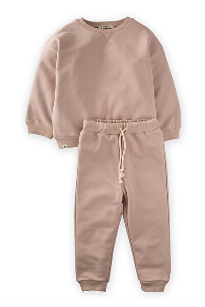 Cigit Basic Karyoka Detailed Sweatshirt Set 3-8 Years Beige