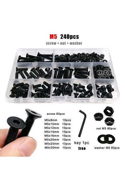 Choice M5 240 قطعة M2 M2.5 M3 M4 M5 M6 M8 أسود من الدرجة 10.9 فولاذ ألين سداسي الرأس مقبس سداسي الرأس مسطح غاطس