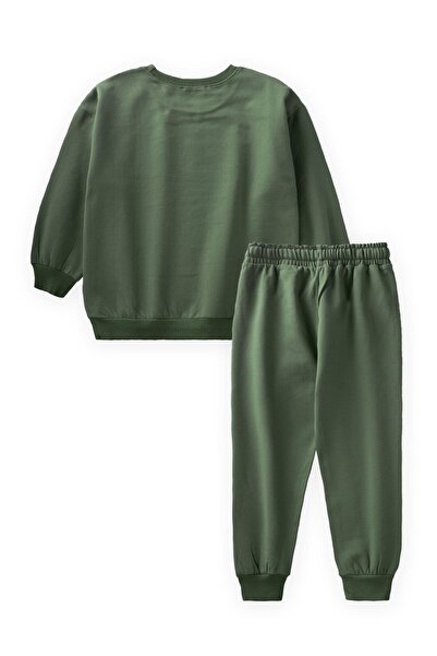 Cigit 3-8 Years Old Khaki Green Sweatshirt Set - Basic Karyoka Detailed