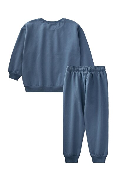 Cigit Basıc Karyoka Detaylı Sweatshirt Takım 3-8 Yaş Indigo Mavi