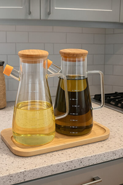 Kezze 2'li Bambu Altlıklı Ege 900ml Borosilikat Cam Yağlık/sirkelik
