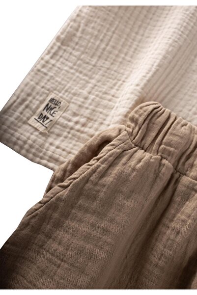 Cigit Striped Hooded Muslin Set 2-10 Years Beige