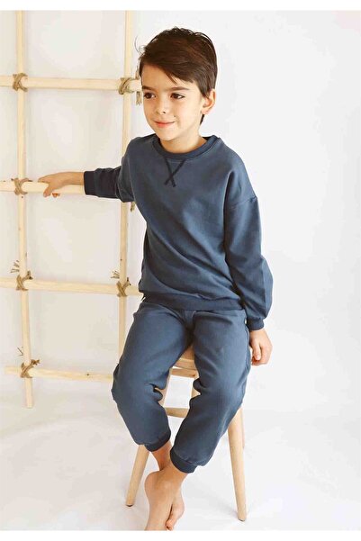 Cigit Basic Karyoka Detailed Sweatshirt Set 3-8 Years Dark Blue