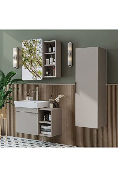 ROOMART Likya Kapaklı ve Açık Raflı Mdflam Lavabolu 72 Cm Banyo Alt Dolabı + Üst Dolabı + Banyo Boy Dolabı